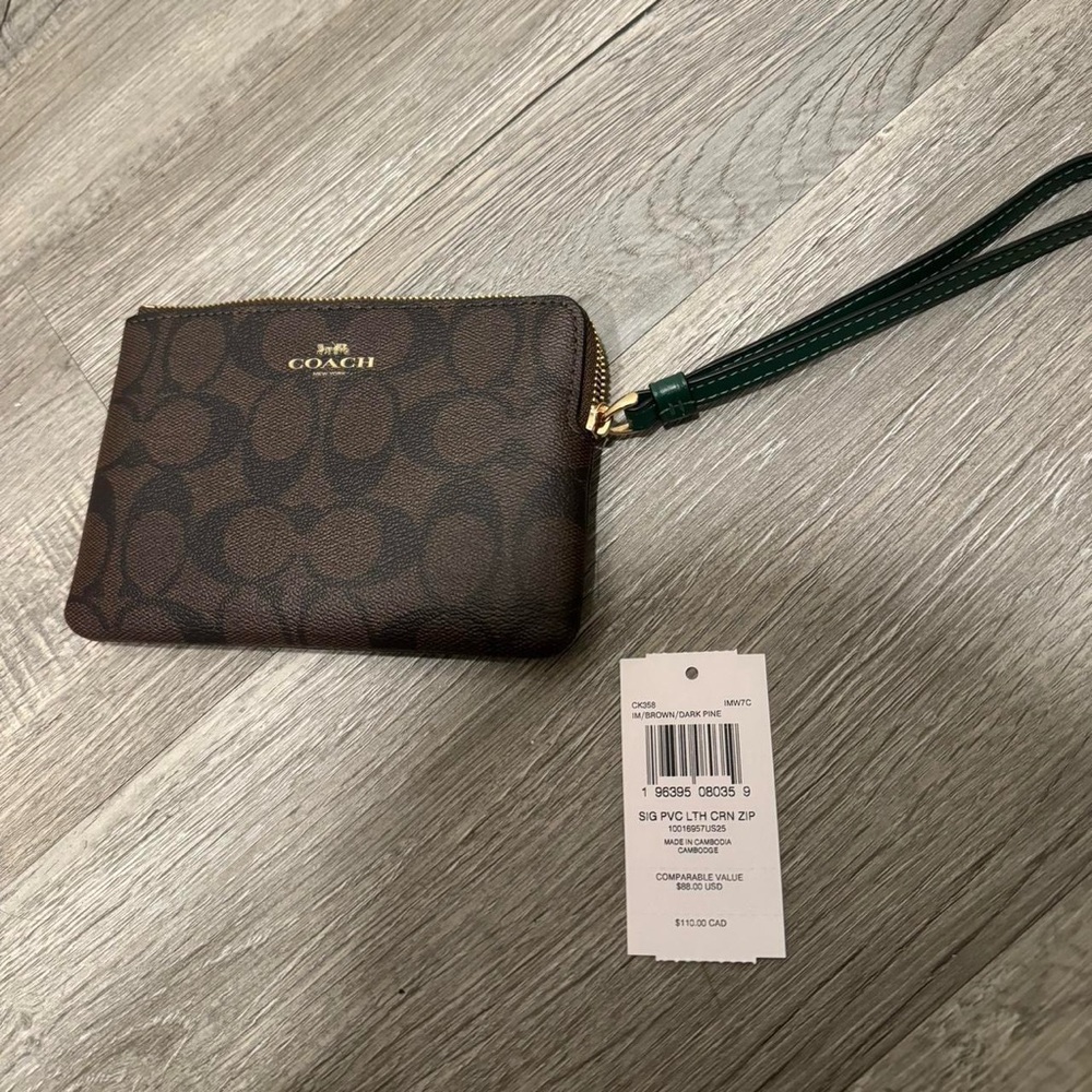 Coach Brown Wristlet with Dark Green Strap